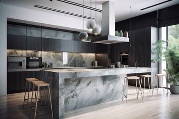 Modern white and gray kitchen with wooden details and parquet floor, modern pendant lamps, minimalistic interior design concept idea