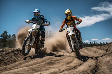 Illustration of motocross racers from ground level. Generative AI.  