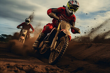 Illustration of motocross racers from ground level. Generative AI.  