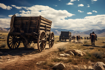 Obraz premium Illustration of a wagon train in the American west. Generative AI. 