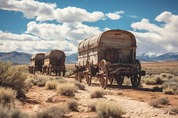 Illustration of a wagon train in the American west. Generative AI.  - obrazy, fototapety, plakaty