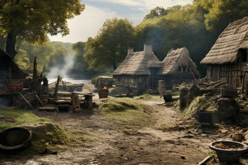Illustration of an iron age British village. Generative AI. 
