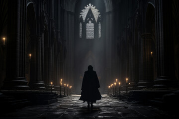 Illustration of a robbed priest in a medieval cathedral from behind. Generative AI. 