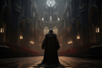 Naklejka premium Illustration of a robbed priest in a medieval cathedral from behind. Generative AI. 
