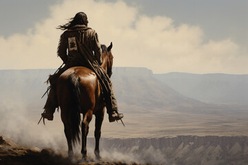 Illustration of an indigenous rider on the prairies in the old west. Generative AI. 