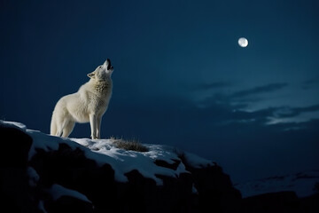 A white wolf howls at the moon in the night. Generative AI