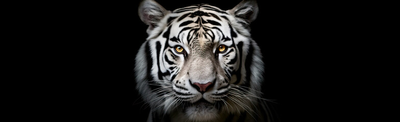Fototapeta premium White Tiger: Mesmerizing Close-Up of Piercing Eyes and Powerful Head on a Captivating Black Background.