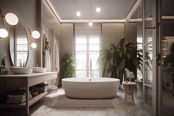 Fototapeta na wymiar Modern bathroom interior with bathtub and mirror