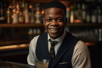 Friendly waiter serving drinks and smiling at the customers, ready to serve a cocktail. Generative AI