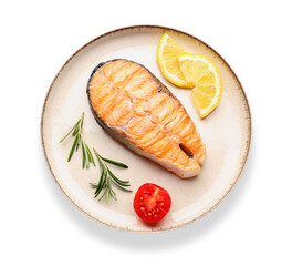 Plate with tasty grilled salmon steak on white background