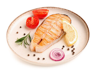 Plate with tasty grilled salmon steak on white background