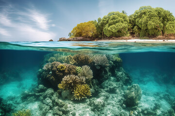 Fototapeta na wymiar Tropical Island And Coral Reef. Split View With Waterline. Beautiful underwater view of lone small island above and below the water surface in turquoise waters of tropical ocean. Generative AI
