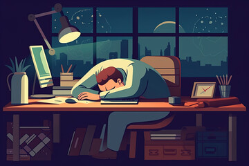 A completely overworked man sleeps with his head on the desk in his office. Generative AI.