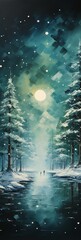 A snowy winter landscape with evergreen trees. Generative AI. 