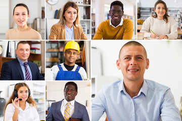 Collage of portraits of an mixed age group of focused business professionals