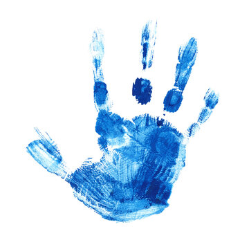 Children's hand drawn with paint. Close up of watercolor colored blue hand print of child.
