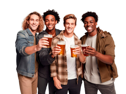 Five young male buddies toasting with craft beer on isolated transparent background