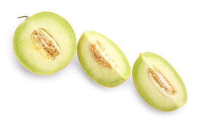 Half of sweet melon with pieces on white background