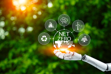 Net zero concept. AI, machine learning, robot hand touching. Net zero icon represents exchange of...