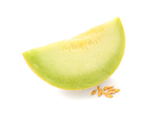 Piece of sweet melon and seeds on white background
