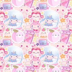 Obraz premium Vector sticker wallpaper seamless pattern kawai cartoon animal and food. Pink kids kawaii print for production, textile, cover notepad, fabric 