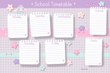 Purple School timetable with rainbow, flowers, empty to do list, weekly planer for kid's education, vector reminder ready for print 