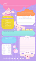 Big sticker set  cute cartoon pink bunny with cupcakes, macarons, unicorn, snowflake on purple background. Kawaii sticker pack 