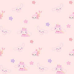 Pink seamless pattern with cats, flowers for babies 