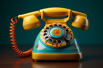 A cute retro antique rotary phone with flowers isolated on a blue background - obrazy, fototapety, plakaty