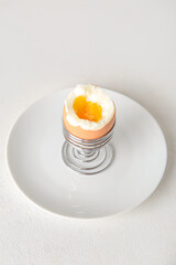 Holder with boiled chicken egg on white background