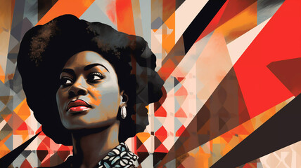 Black History Month banner illustration of an abstract background featuring a beautiful black woman against Juneteenth racial equality and justice racism and discrimination - obrazy, fototapety, plakaty