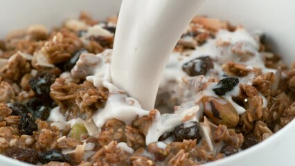 Pouring milk over cereal in slow motion - Powered by Adobe