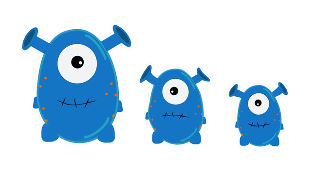 Blue cute monsters family on light background.