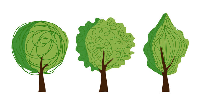 Set trees green summer abstract of different shapes and species. Vector illustration.