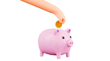 Cartoon hand puts a coin in a piggy bank, 3d render. Concept of saving money. Pink piggy bank. PNG File