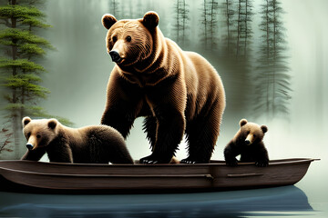 A baby bear and mother bear on a boat on a river in a sunny forest.