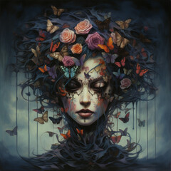 Spooky halloween girl with butterflies and flowers in her hair