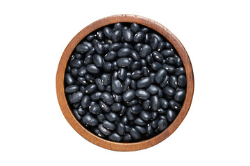 Top view of black kidney beans in wooden bowl isolated on transparent background