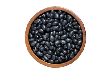 Top view of black kidney beans in wooden bowl isolated on transparent background
