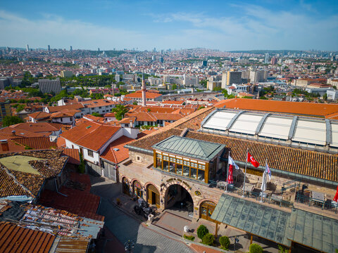 Aerial view of Cengelhan Rahmi M. Koc Museum with Altindag skyline at background. The museum is located near Ankara Castle in Altindag District, city of Ankara, Turkey. 