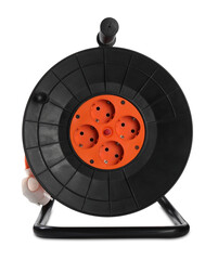 Extension cord reel on white background. Electrician's equipment