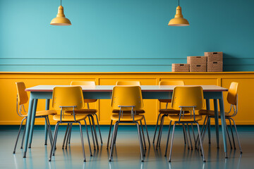 minimalist image of school desks in soft yellow and green colors, back to school concept