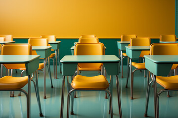 minimalist image of school desks in soft yellow and green colors, back to school concept