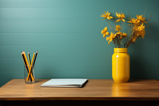 minimalist image of a yellow desk with pen, vase and blank notebook and turquoise blue wall, concept of tranquility, peace concentration and back to school