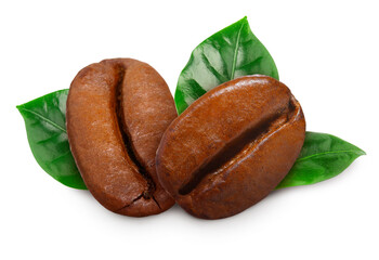 Fresh roasted coffee beans and leaves on white background