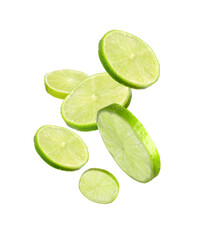 Fresh lime slices falling on white background