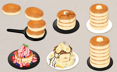 イラスト素材・パンケーキ6種セット スキレット・いちごパンケーキ グレー背景 色違い・差分あり