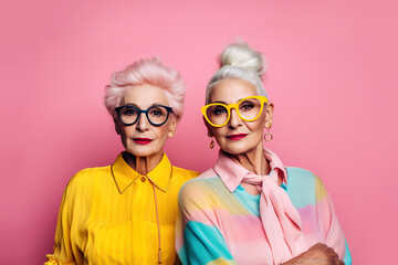 Portrait of a two older woman in colorful modern clothes, smiling. Lgbt, senior, friendship concept. Ai generative, illustration.