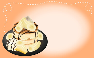 イラスト素材 チョコバナナパンケーキ・黒皿 オレンジ背景 色違い・差分あり
