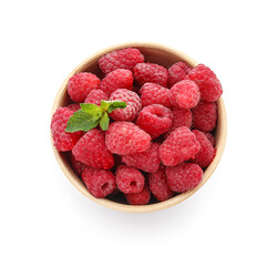 Bowl with fresh raspberry and mint on white background